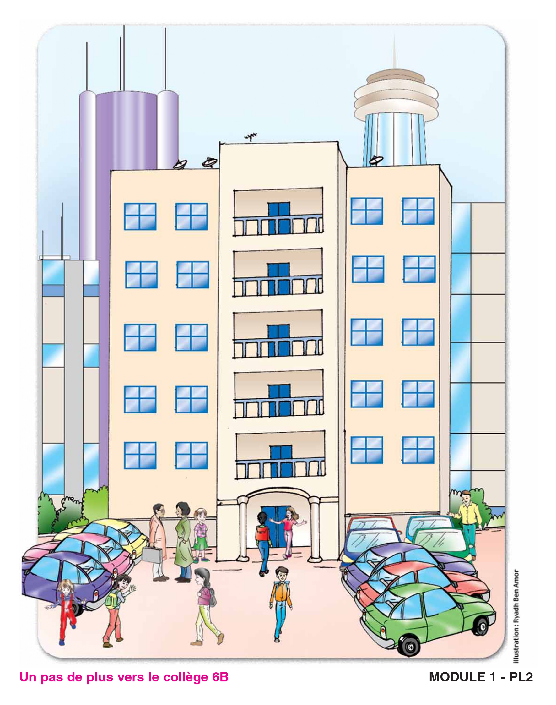 Un grand immeuble moderne avec des habitants et des voitures devant l'entrée